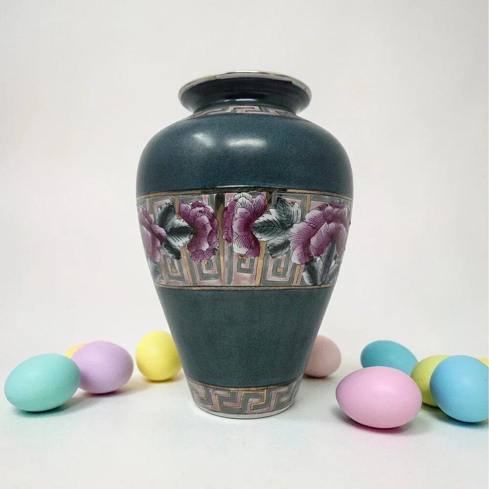 Vintage Japanese Style Porcelain‎ Vase Green Cloisonne Look Pink Floral 10